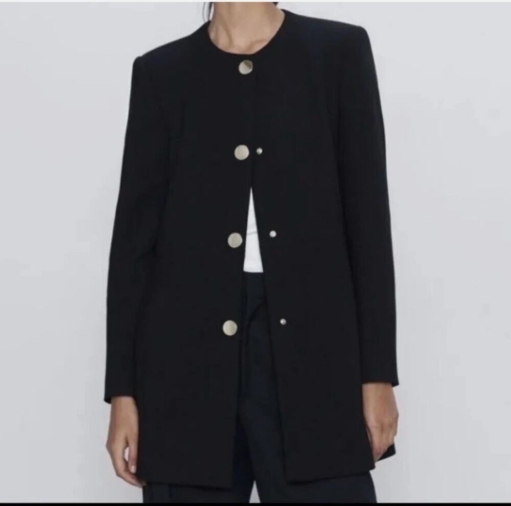 Zara Collarless Longline Frock Coat Blazer Gold Button Black Small